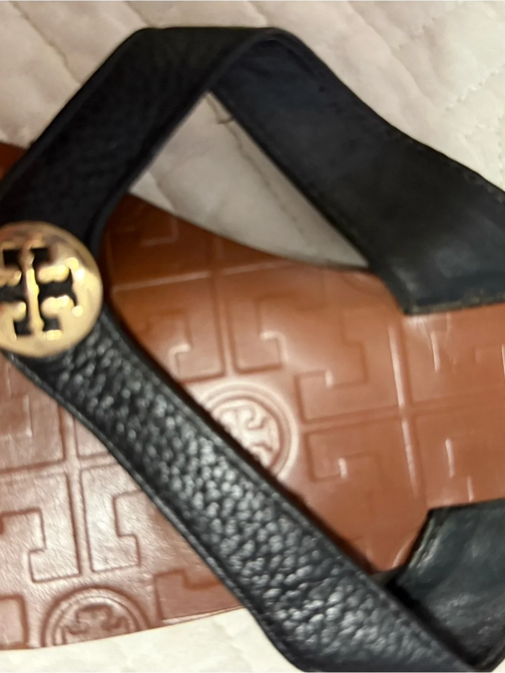 Tory Burch Black Leather Thong Sandals with Gold Logo